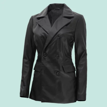 Breanna Women Double Breasted Black Leather Blazer