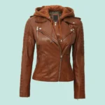 Bagheria Womens Tan Leather Jacket with Removable Hood