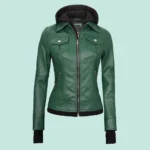 Tralee Womens Green Real Leather Jacket with Hood