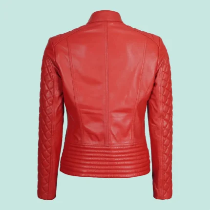 Women Red Quilted Cafe Racer Leather Jacket