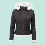 Womens Bomber Fur Lined Leather Jacket with Removable Hood