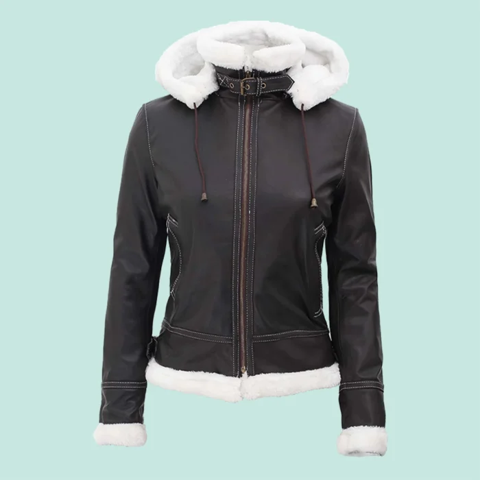 Womens Bomber Fur Lined Leather Jacket with Removable Hood