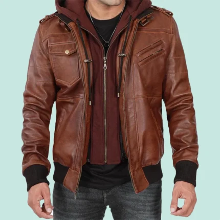 Mens Brown High Quality Leather Bomber Jacket With Removable Hood