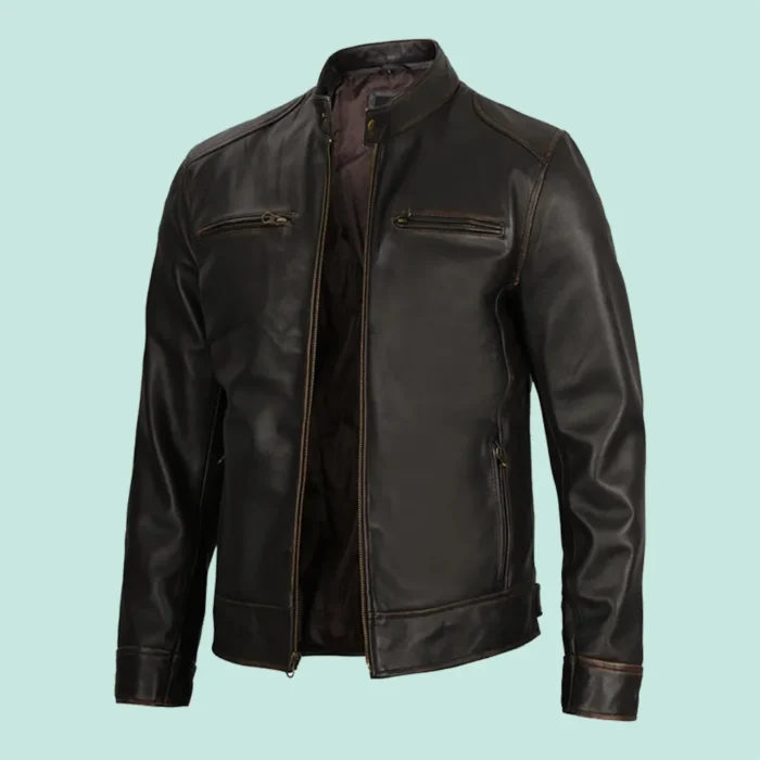 Dodge Mens Rub-off Dark Brown Cafe Racer Leather Jacket