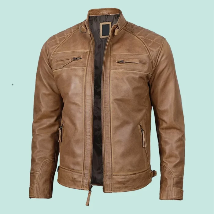 Men's Distressed Camel Brown Cafe Racer Leather Jacket