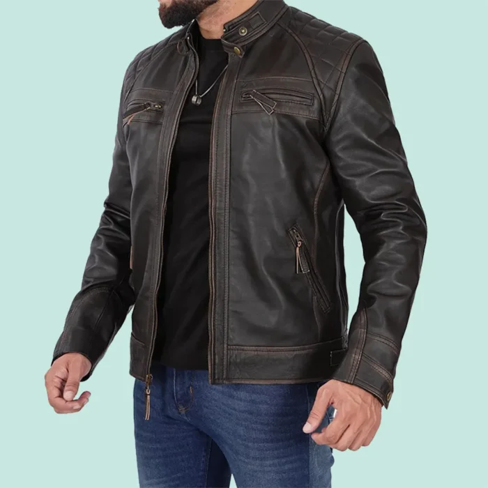 Mens Cafe Racer Distressed High Quality Brown Leather Jacket