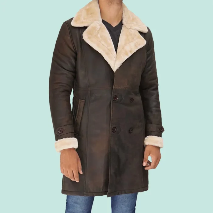 Sullivan Mens Double Breasted Shearling Brown Leather Coat - Winter Jacket