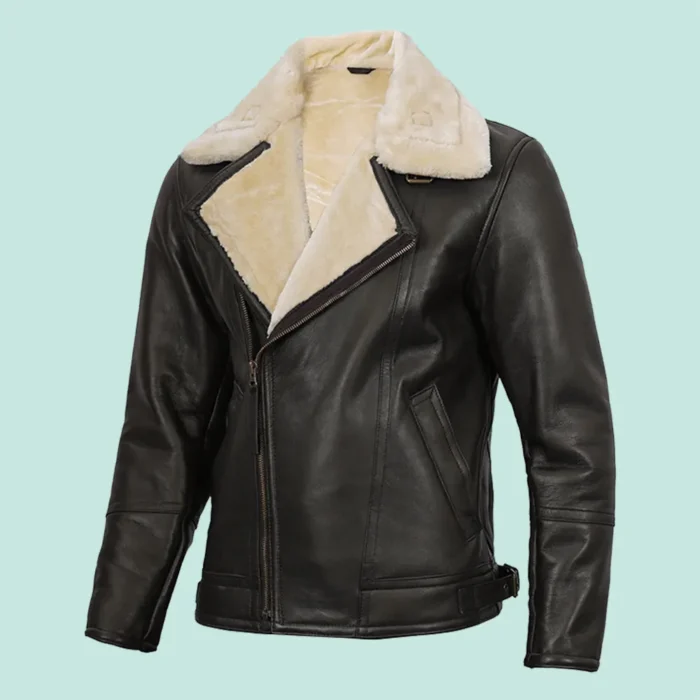 Mens Brown Asymmetrical Shearling Leather Jacket