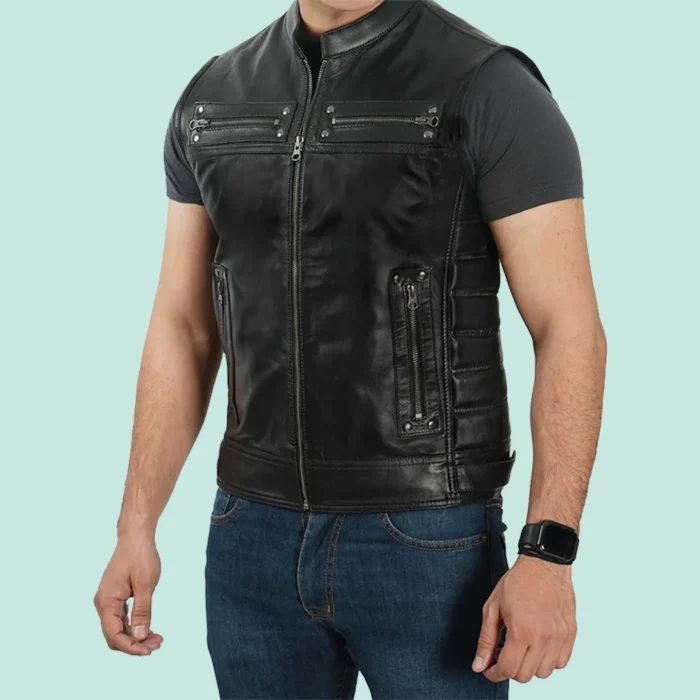 Mens Black Real Leather Motorcycle Vest - Modern Biker Style