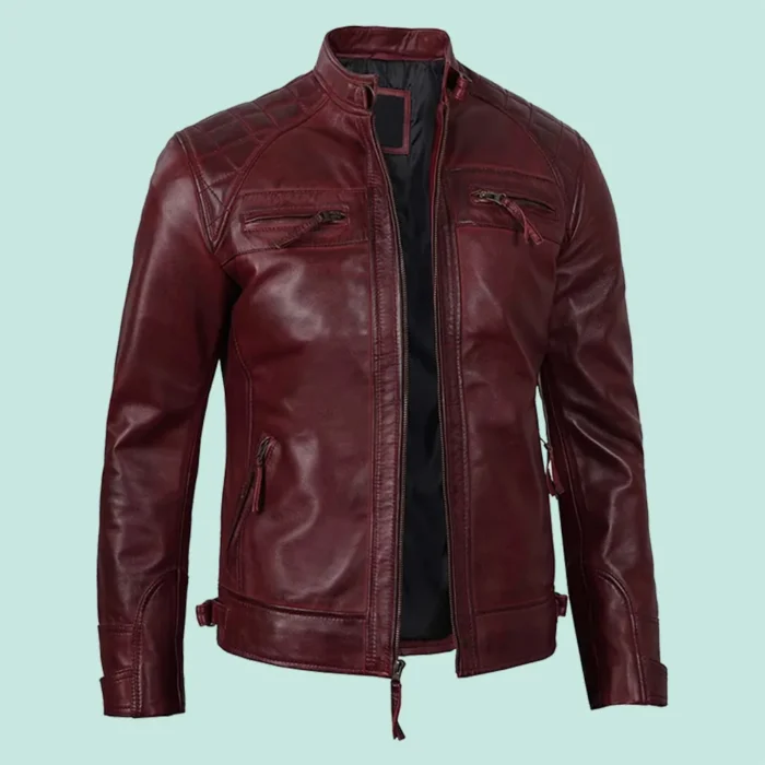 Mens Real Leather Maroon Quilted Biker Jacket