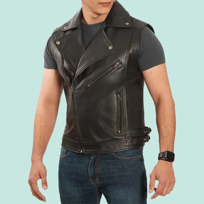 Nolan Real Leather Mens Asymmetrical Biker Vest