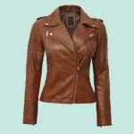 Bagheria Womens Tan Leather Jacket with Removable Hood