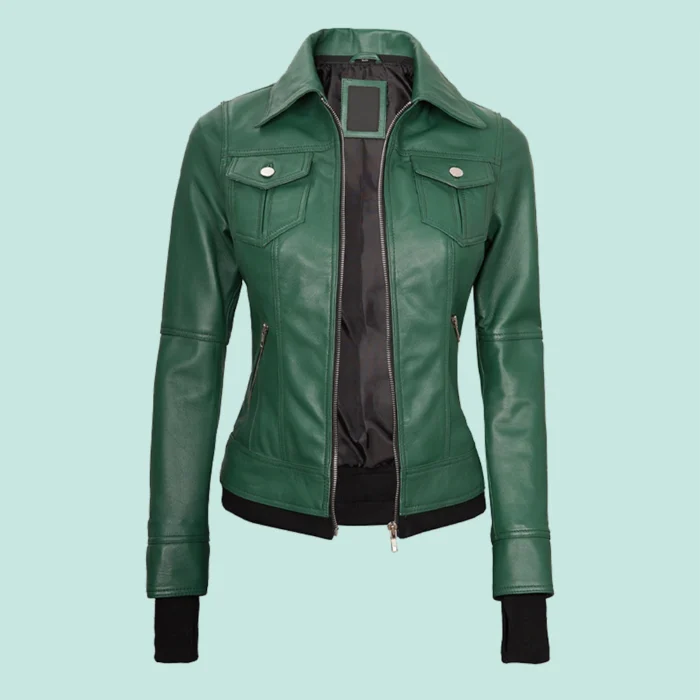 Tralee Womens Green Real Leather Jacket with Hood