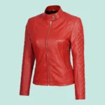 Women Red Quilted Cafe Racer Leather Jacket