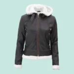 Womens Bomber Fur Lined Leather Jacket with Removable Hood