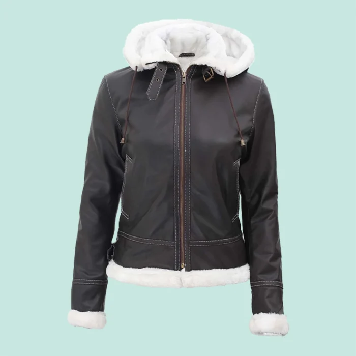 Womens Bomber Fur Lined Leather Jacket with Removable Hood