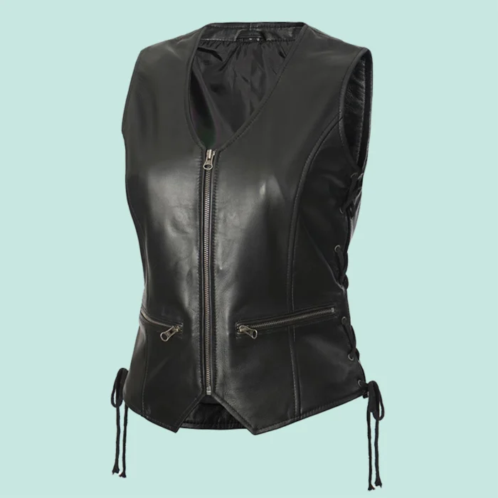 Womens Black Motorcycle Leather Vest