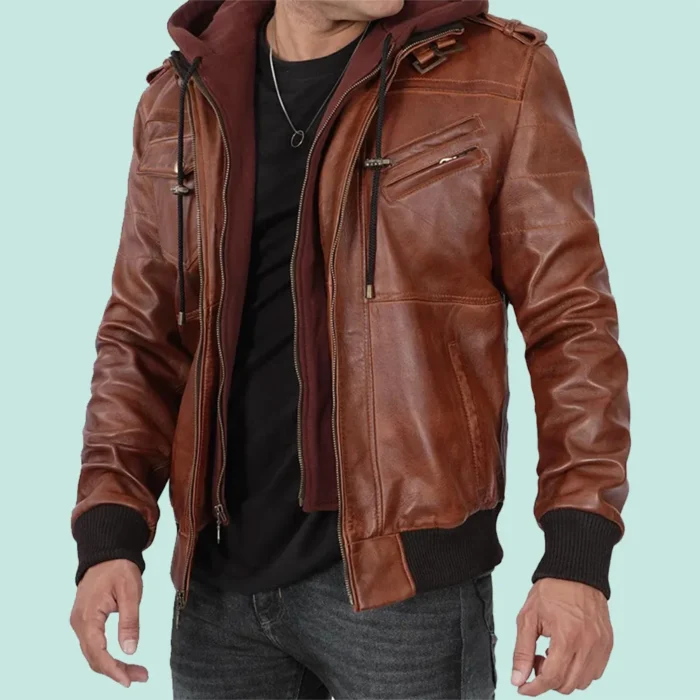 Mens Brown High Quality Leather Bomber Jacket With Removable Hood