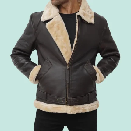 Mens Shearling Dark Brown Leather Bomber Jacket