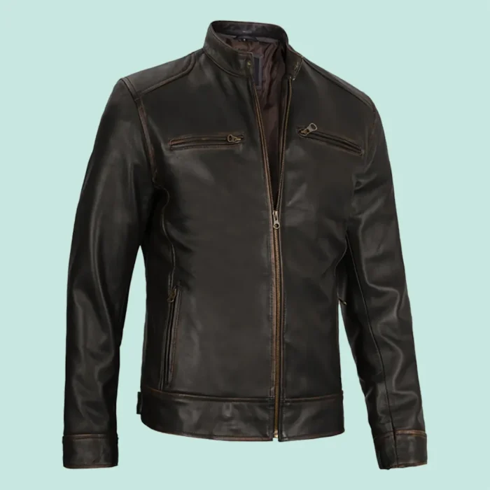 Dodge Mens Rub-off Dark Brown Cafe Racer Leather Jacket