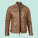 Men's Distressed Camel Brown Cafe Racer Leather Jacket