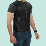 Mens Black Real Leather Motorcycle Vest - Modern Biker Style