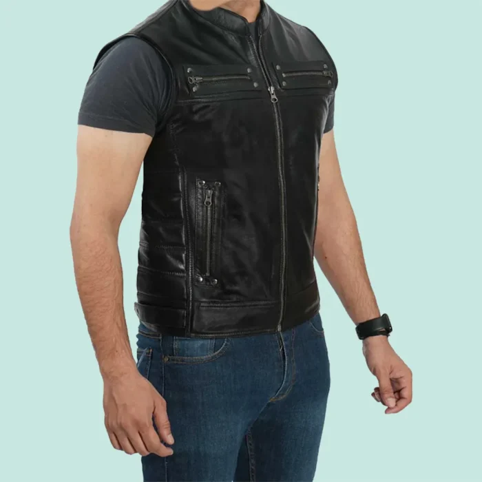 Mens Black Real Leather Motorcycle Vest - Modern Biker Style