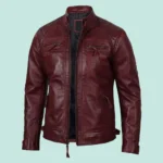 Mens Real Leather Maroon Quilted Biker Jacket