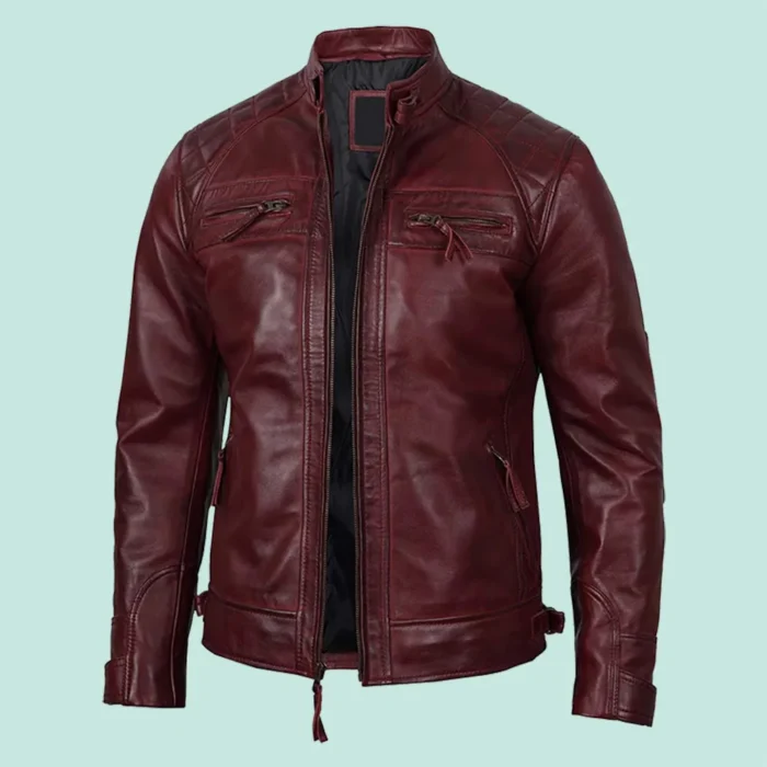 Mens Real Leather Maroon Quilted Biker Jacket