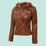 Bagheria Womens Tan Leather Jacket with Removable Hood