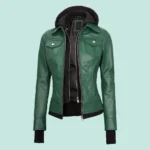 Tralee Womens Green Real Leather Jacket with Hood