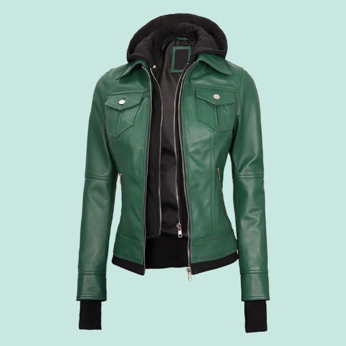 Tralee Womens Green Real Leather Jacket with Hood