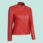 Women Red Quilted Cafe Racer Leather Jacket