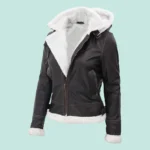 Womens Bomber Fur Lined Leather Jacket with Removable Hood