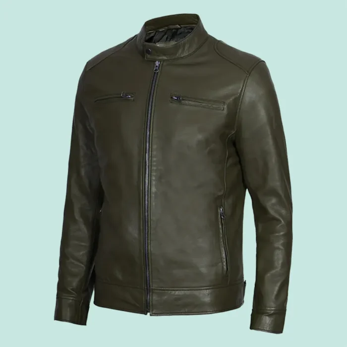 Dodge Men's Green Cafe Racer Leather Jacket