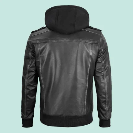 Mens Grey Leather Bomber Jacket with Removable Hood