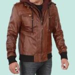 Mens Brown High Quality Leather Bomber Jacket With Removable Hood