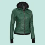 Tralee Womens Green Real Leather Jacket with Hood