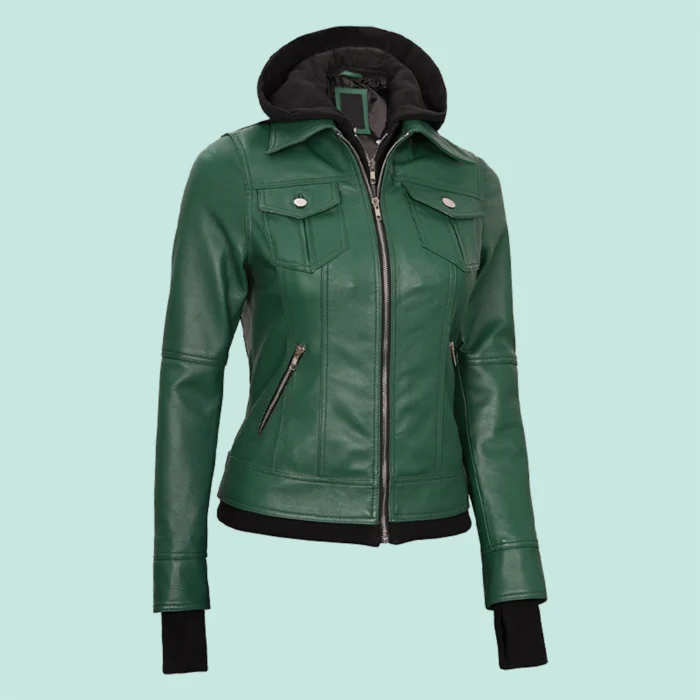 Tralee Womens Green Real Leather Jacket with Hood