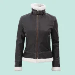 Womens Bomber Fur Lined Leather Jacket with Removable Hood