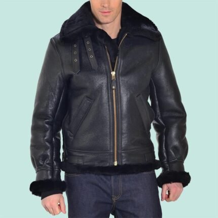 Classic B-3 Sheepskin Black Leather Bomber Jacket