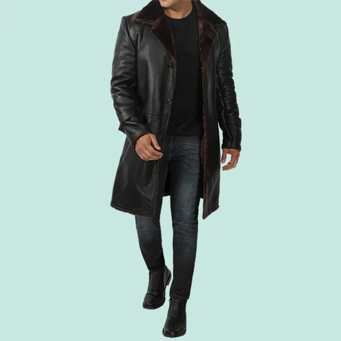 Black Long Leather Coat with Brown Fur Shearling