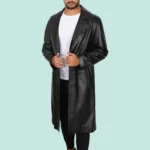 David Men’s Real Black Leather Overcoat