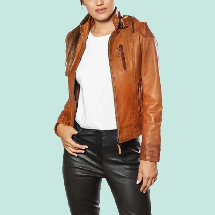 Women’s Tobacco Leather Hooded Sport Jacket