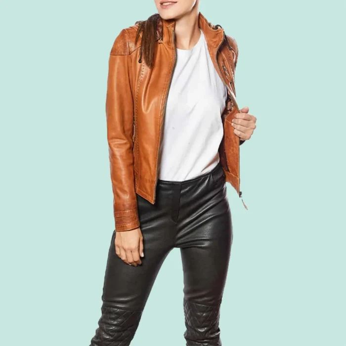 Women’s Tobacco Leather Hooded Sport Jacket