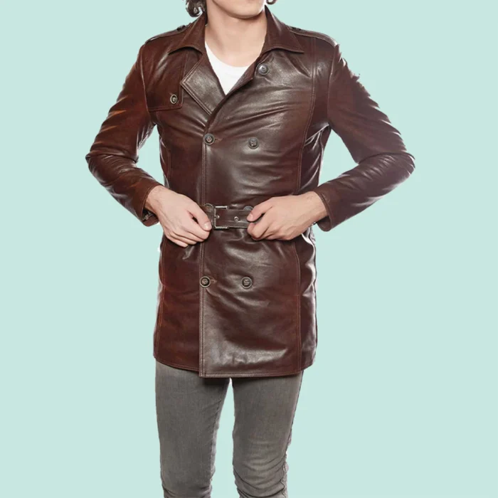 Men’s 100% Real Brown Leather Trench Coat