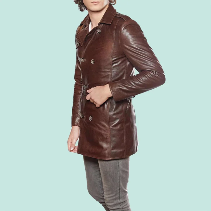 Men’s 100% Real Brown Leather Trench Coat