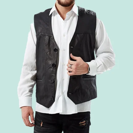 Men’s Black Leather Stylish Pointed Vest