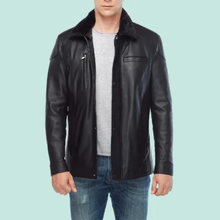 Men’s 100% Real Black Leather Shearling Collar Jacket