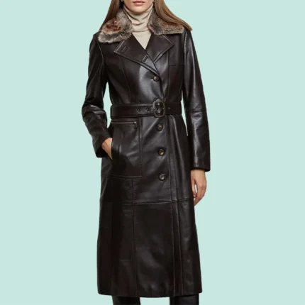 Women’s Black Leather Fur Collar Trench Extra Long Coat